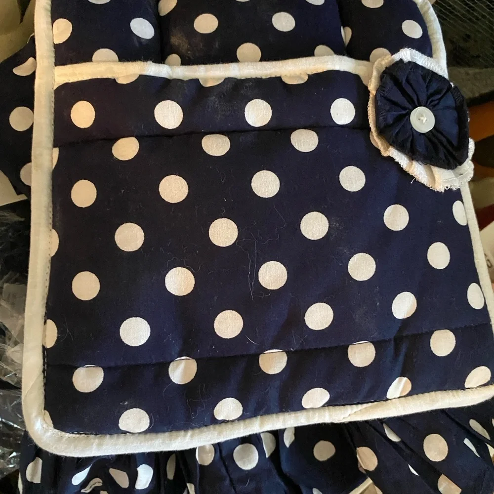 Sur La Table Apron Dotty Bow Blue White Full Apron with Pockets & Pot Holder